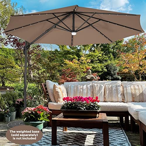 COSTWAY 3m Garden Parasol with Lights, 3 Positions Adjustable Cantilever Sun Umbrella with Solar-Powered LED, Cross Base and Winding Crank, 360° Rotation Sunshade Shelter for Patio Balcony (Coffee)