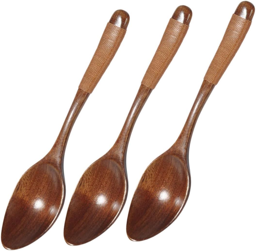 3pcs Elegant Handheld Wooden Soup Scoop for Tea Rice Asian Restaurant Spoons