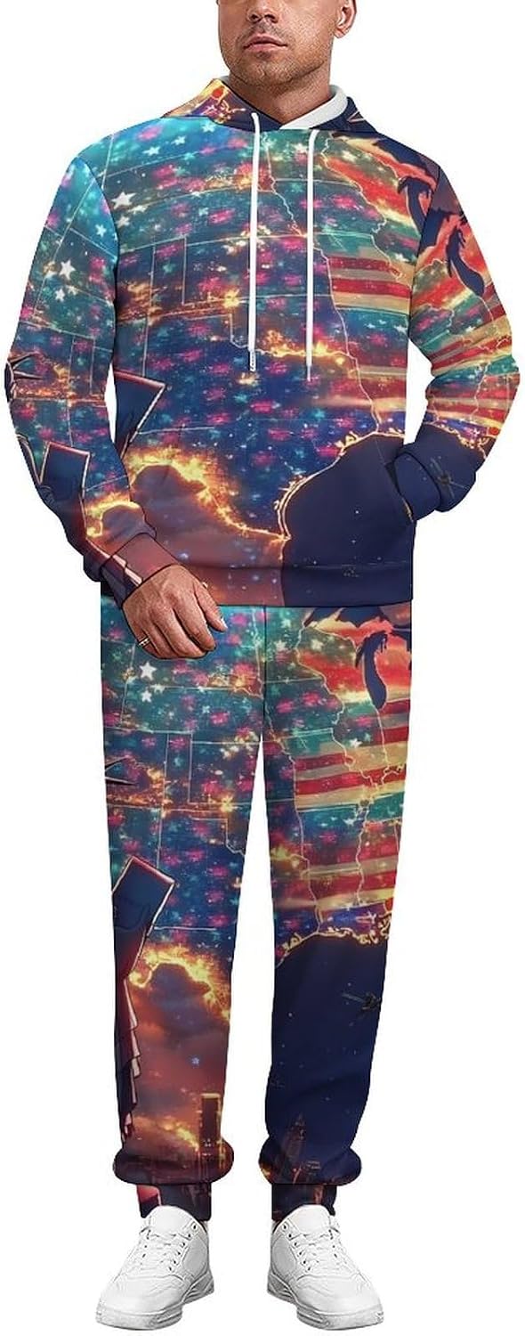 USA Flag Map Statueliberty Men's Hooded Set Casual 2 Pieces Suits Pullover Tracksuit Hoodies And Sweatpants