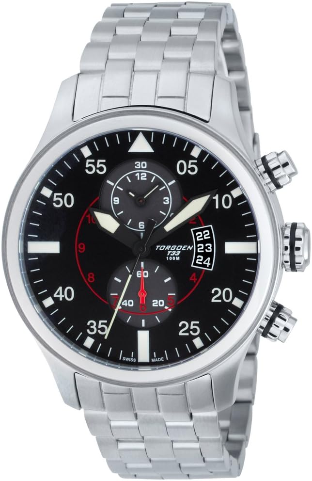 TORGOEN Swiss T33201 Men's Quartz Chronograph Pilot Watch with Black Dial and Silver Stainless Steel Bracelet