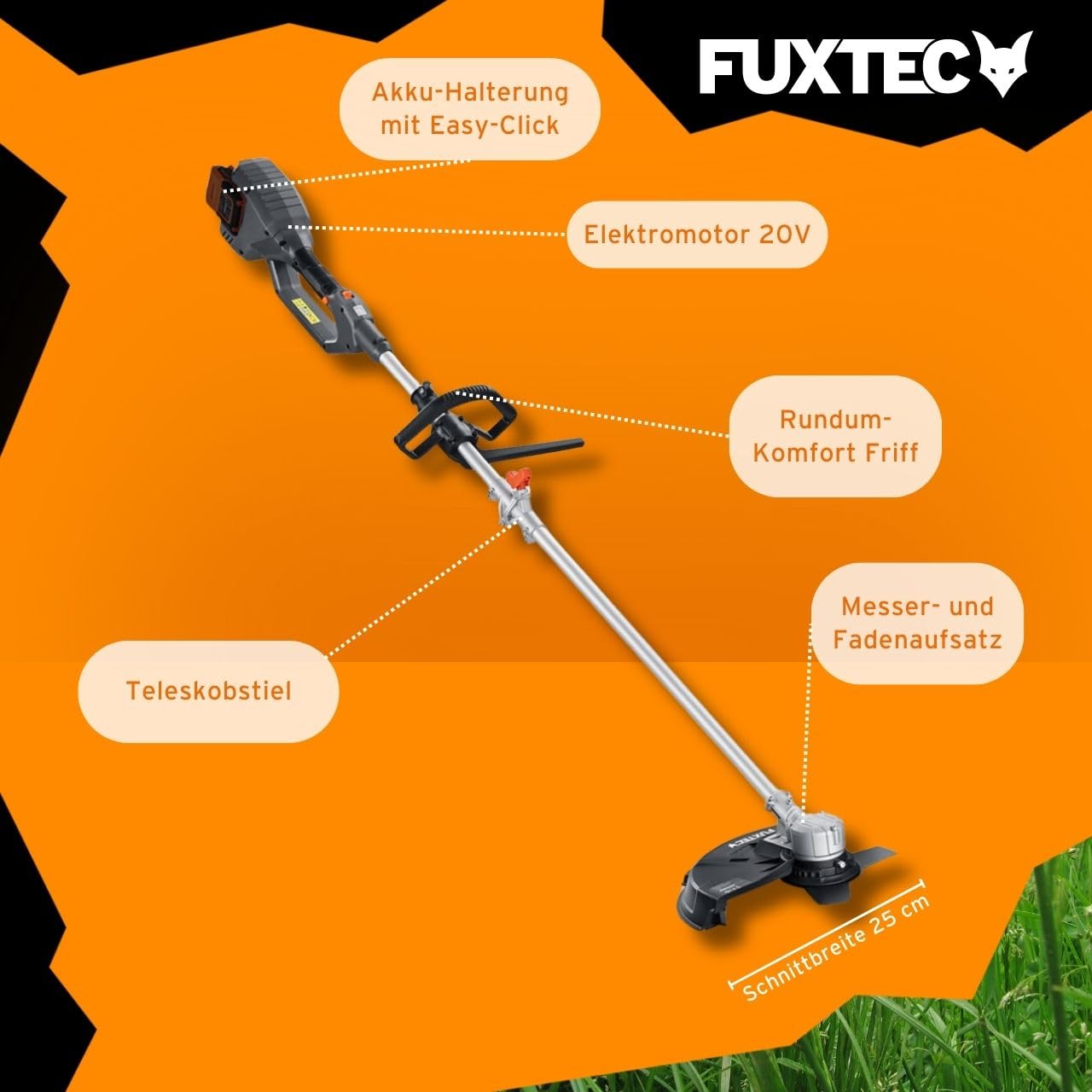 FUXTEC Akku Motorsense 2x20V FX-E2MSSET– Schnittbreite 25,5 – 35cm, 10Kg leicht, bis zu 6000 U/min (mit Akku & Ladegerät)