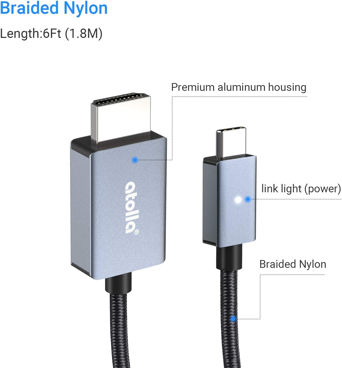 atolla USB C to HDMI Cable [6ft], 4K USB Type C to HDMI Adapter Thunderbolt 3 Compatible with iPad Pro, MacBook Pro/Air, Samsung Galaxy S20/S20 Pro S10 S9 S8, Surface Pro, USB-C to HDMI Cable