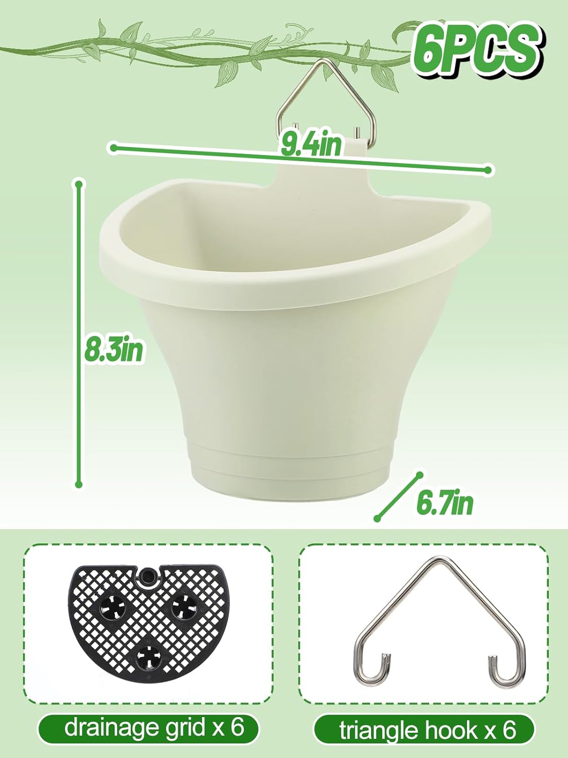 MADHOLLY 6Pcs Vertical Hanging Planters for Outdoor Plants - Wall Plant Holder for Indoor Decorations Garden Fence, Plastic Flower Pots with Drainage Grid and Hooks (White)