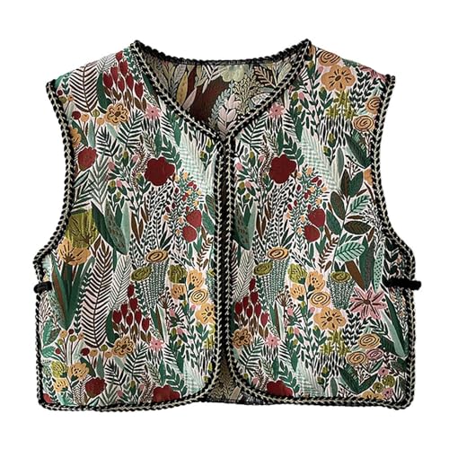 KBOPLEMQ Chaleco corto bordado floral vintage para mujer, chaqueta patchwork hippie tops florales chaleco bordado étnico sin mangas chaleco bordado tradicional cuello en V chalecos boho para mujer, O