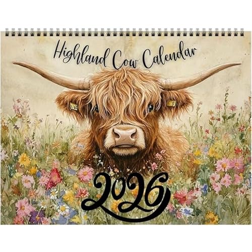 Highland Cow Kalender 2026 - Rustikale Bauernhaus-Wandkunst & Monatsplaner, 12-Monats-Wandkalender, schottisches Hochlandrind 2026 Wandkalender für Tierliebhaber