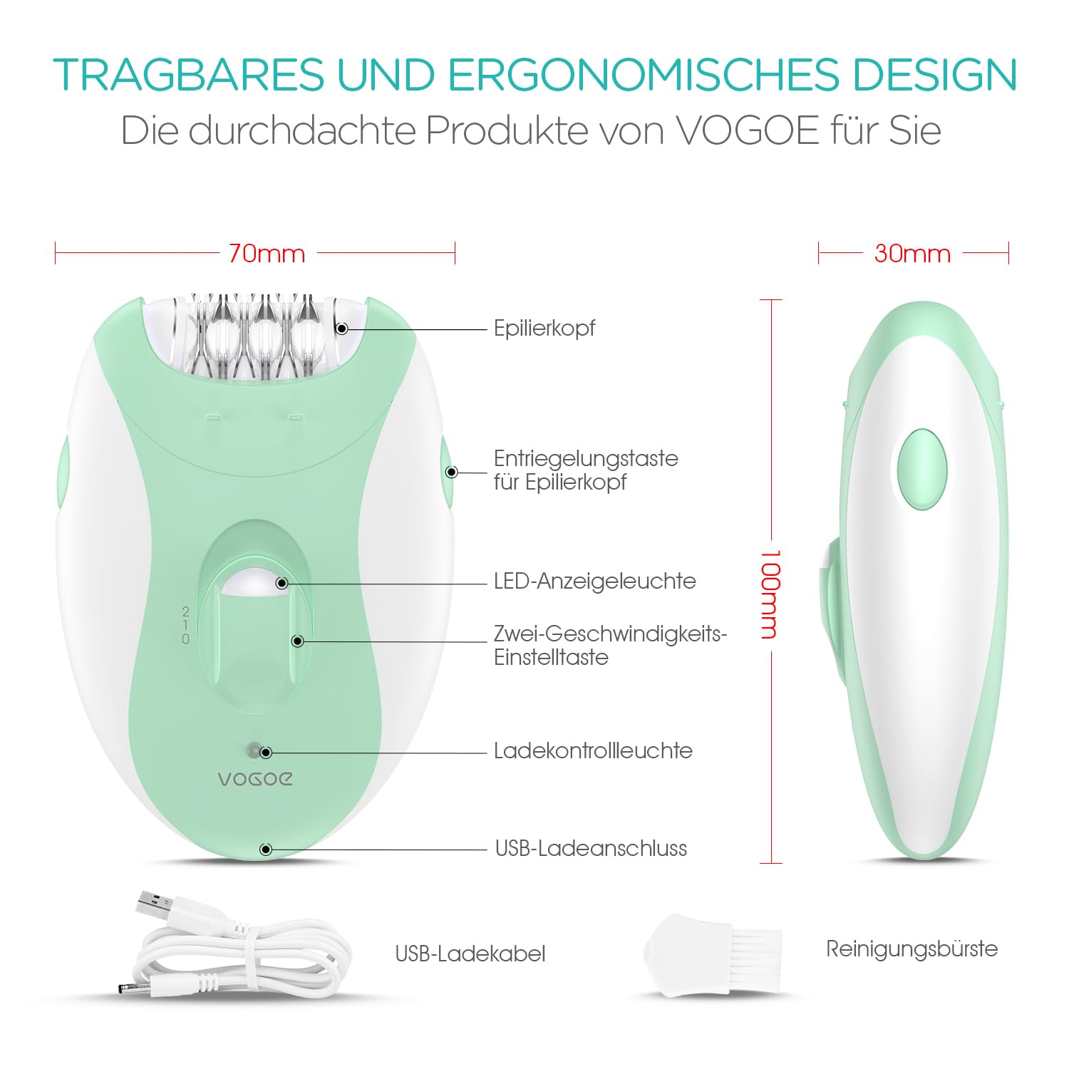 VOGOE Epilierer Damen mit 21 Pinzetten & LED-Licht, 2 Geschwindigkeiten Kabelloses Gesichtshaarentferner für Frauen, Elektrischer Epilierer Wiederaufladbar für Arme, Beine, Gesicht HR110 (Grün)