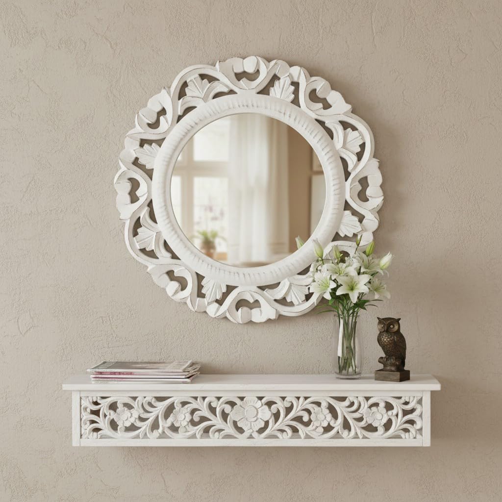 THE URBAN STORE Wall Mirror Wooden Distressed White Color 14"x14" Pack of One French Style Elegantly Hand Crafted Floral Carving Mirror for Home and Office Decor TUSMR40-picture-11
