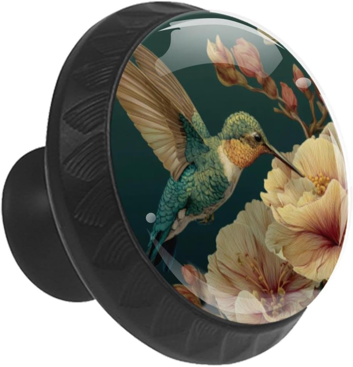 Black Hummingbird and Flowers (2) Printed Cabinet Knobs, Practical Drawer Knobs for Kitchen Bedroom Bathroom Decoration