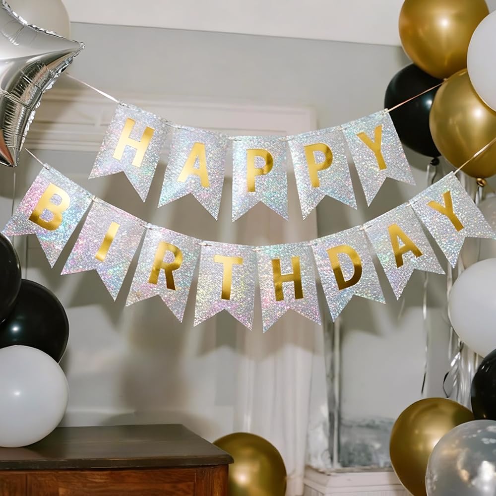 HSC Silver Happy Birthday Banner Bunting, Silver Birthday Decorations, Reusable Shiny Hanging Banner Sign, Perfect for Adult & Kids Anniversary Party Celebrations