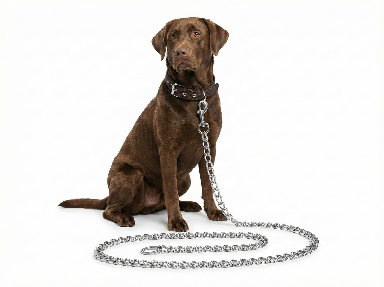 Dog Chain and Collar Combo Set, Metal and Leather, Adjustable, for Puppy Young & Adult, 2 Pieces (Brown, Medium)