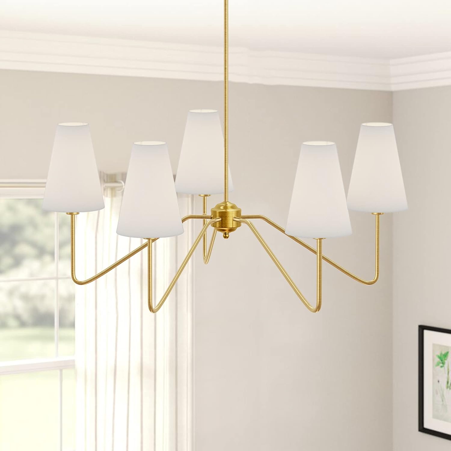 Best Deal Electro bp;30Dia 5-Arm Classic Chandeliers Polished Gold with White Linen Shades,200W Up To 40% OFF Electro bp;30Dia 5-Arm Classic Chandeliers Polished Gold with White Linen Shades,200W