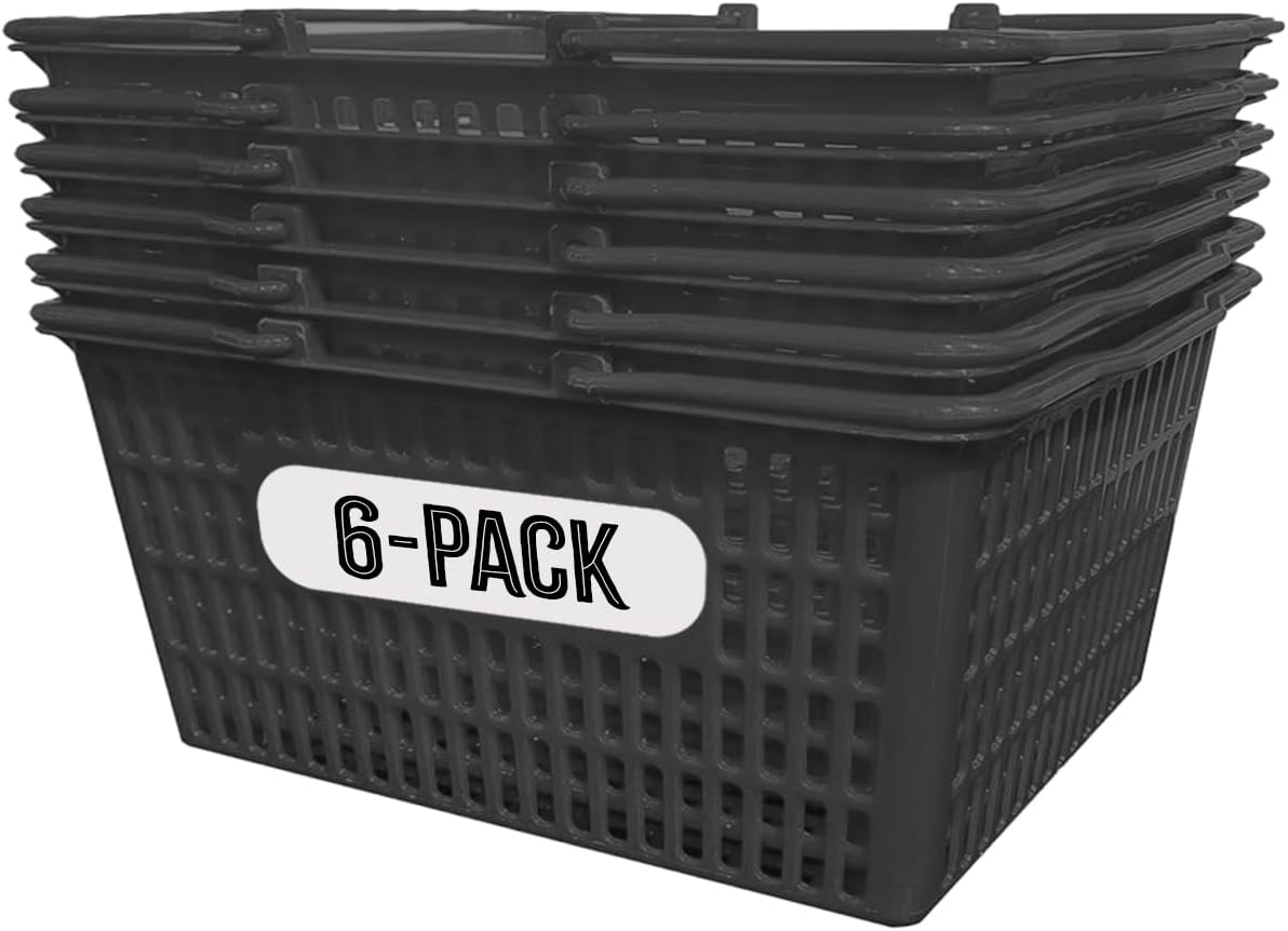 Stackable Plastic Shopping Baskets, Black, Easy-Grip Handles for Grocery, Retail, Liquor Stores, Home Use (Black, 2-pack)