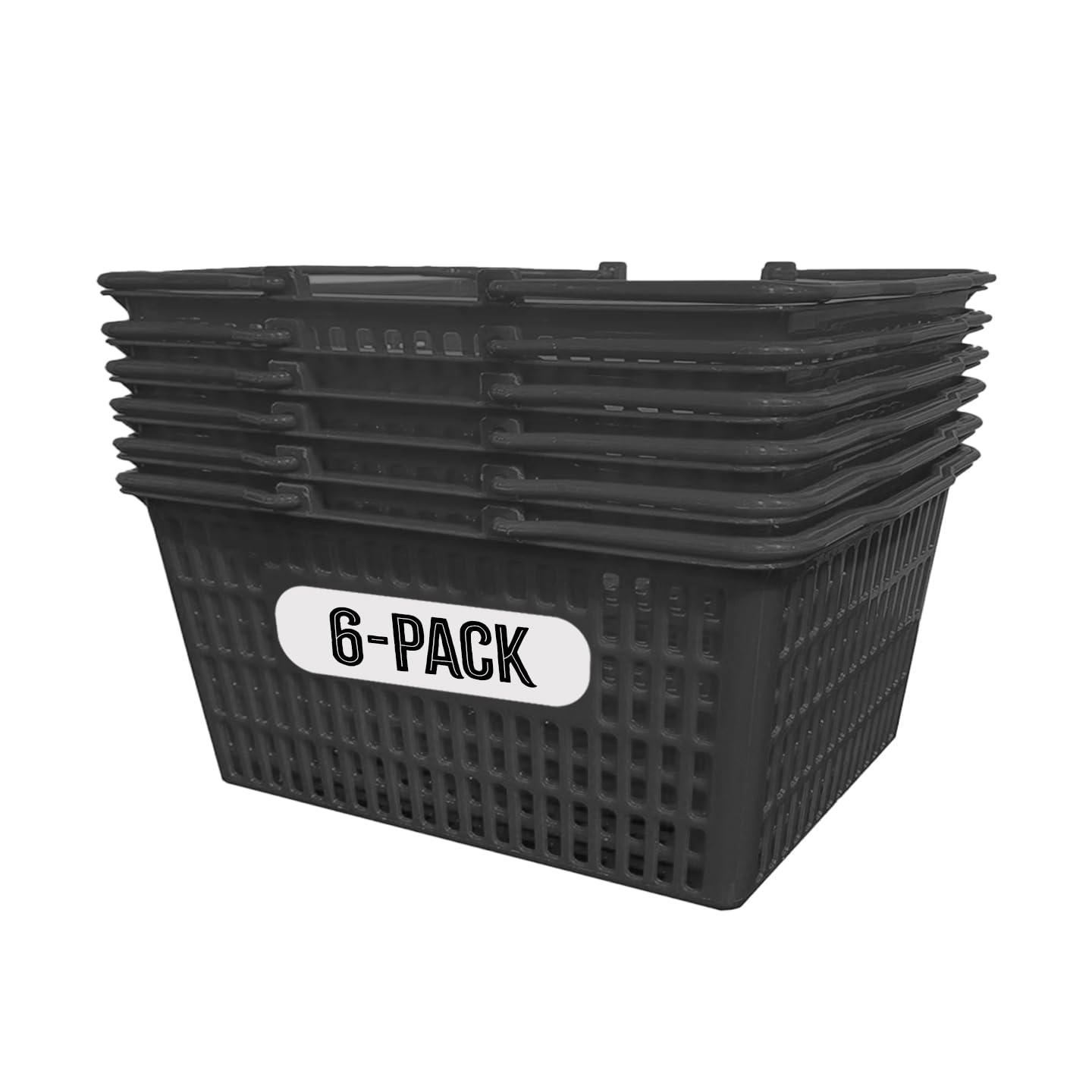 C-Store Packaging Stackable Plastic Shopping Baskets, Black, Easy-Grip Handles for Grocery, Retail, Liquor Stores, Home Use (Black, 6-pack)