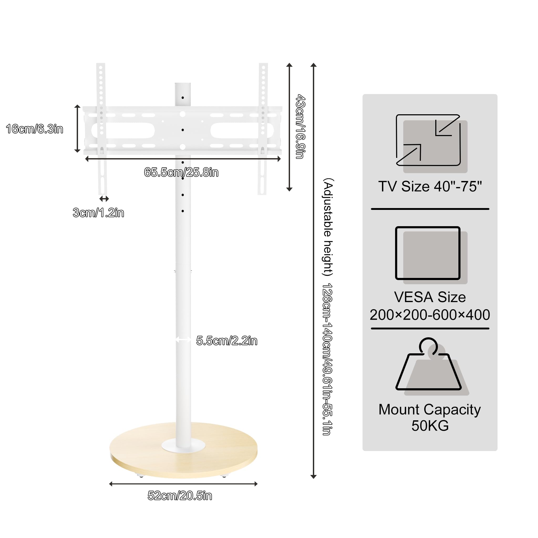 UNHO Support TV Mobile sur Pied avec roulettes pour TV 40–75″ Design Moderne Hauteur Réglable Étagère Intégrée Compatibilité VESA 200×200 à 600x400 Charge 50 kg Salon - 2