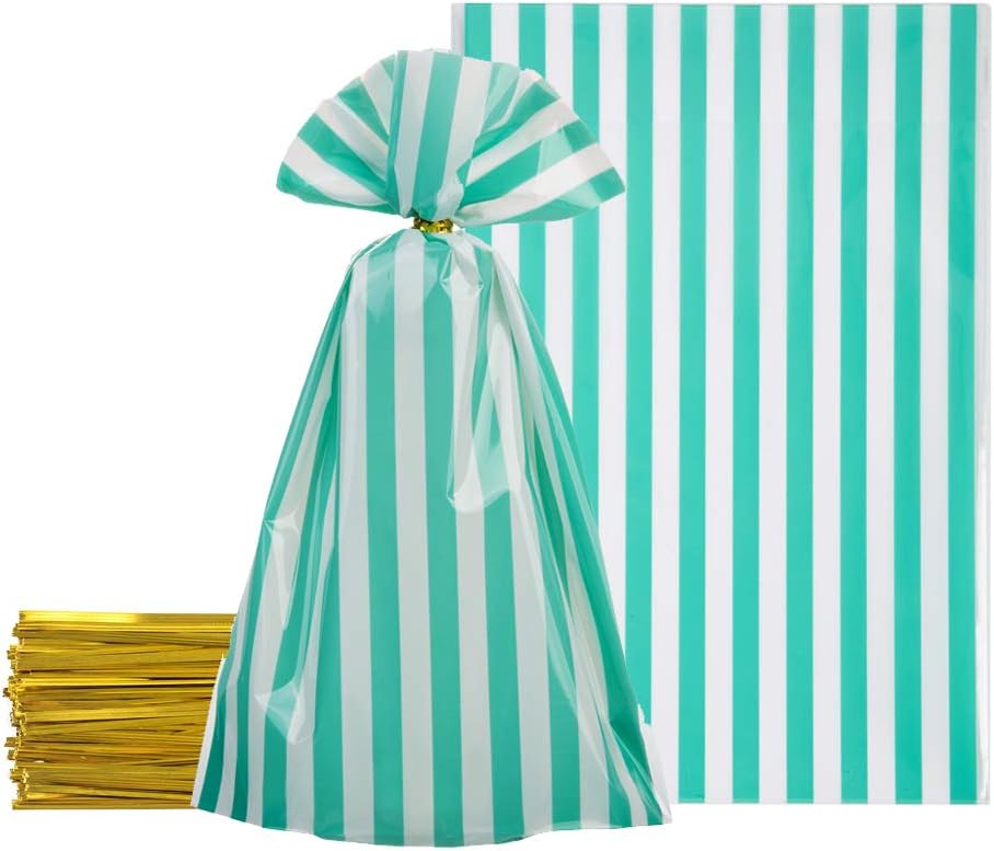 AWELL Mint Green Cellophane Bags 5.5x8 inch with Twist Ties for Treat Candy Cookie Party Favor Bags, Mint Green and White Stripes,Pack of 100