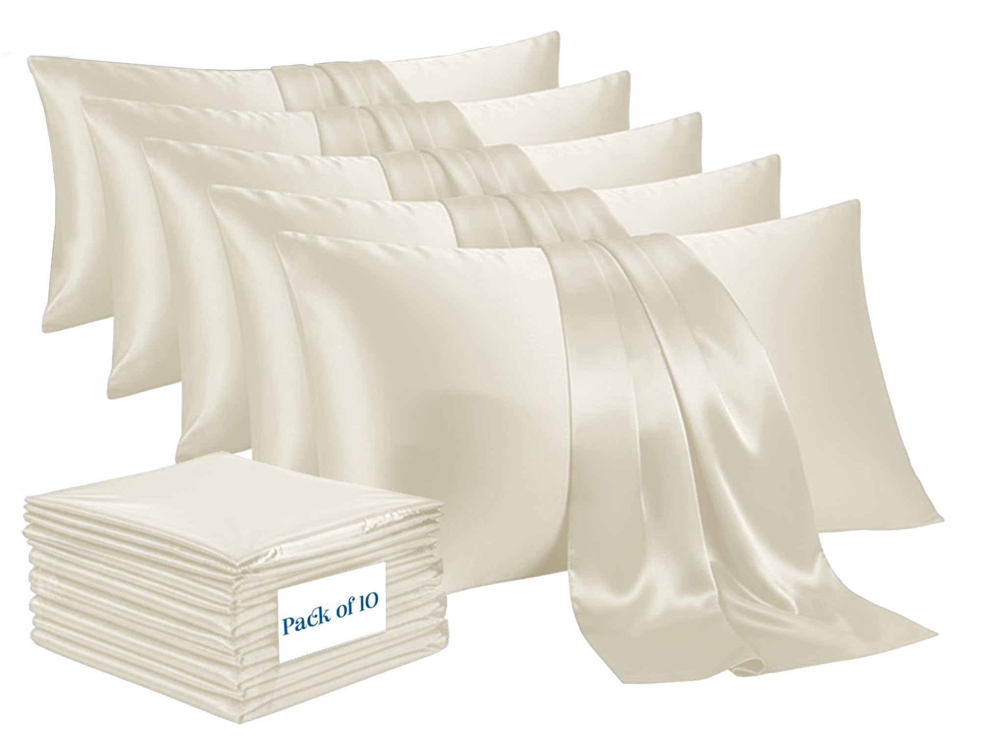 Moonlight Bedding Ivory Satin Pillow Cases 10 Pack – Soft & Smooth Feels Like Silk Pillowcases for Hair and Skin Care