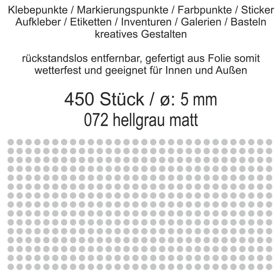 450 Selbstklebende Folien-Klebepunkte – Hellgrau, 5 Mm Ø – Wetterfest, Für Innen & Außen – Zum Markieren, Basteln & Organisieren