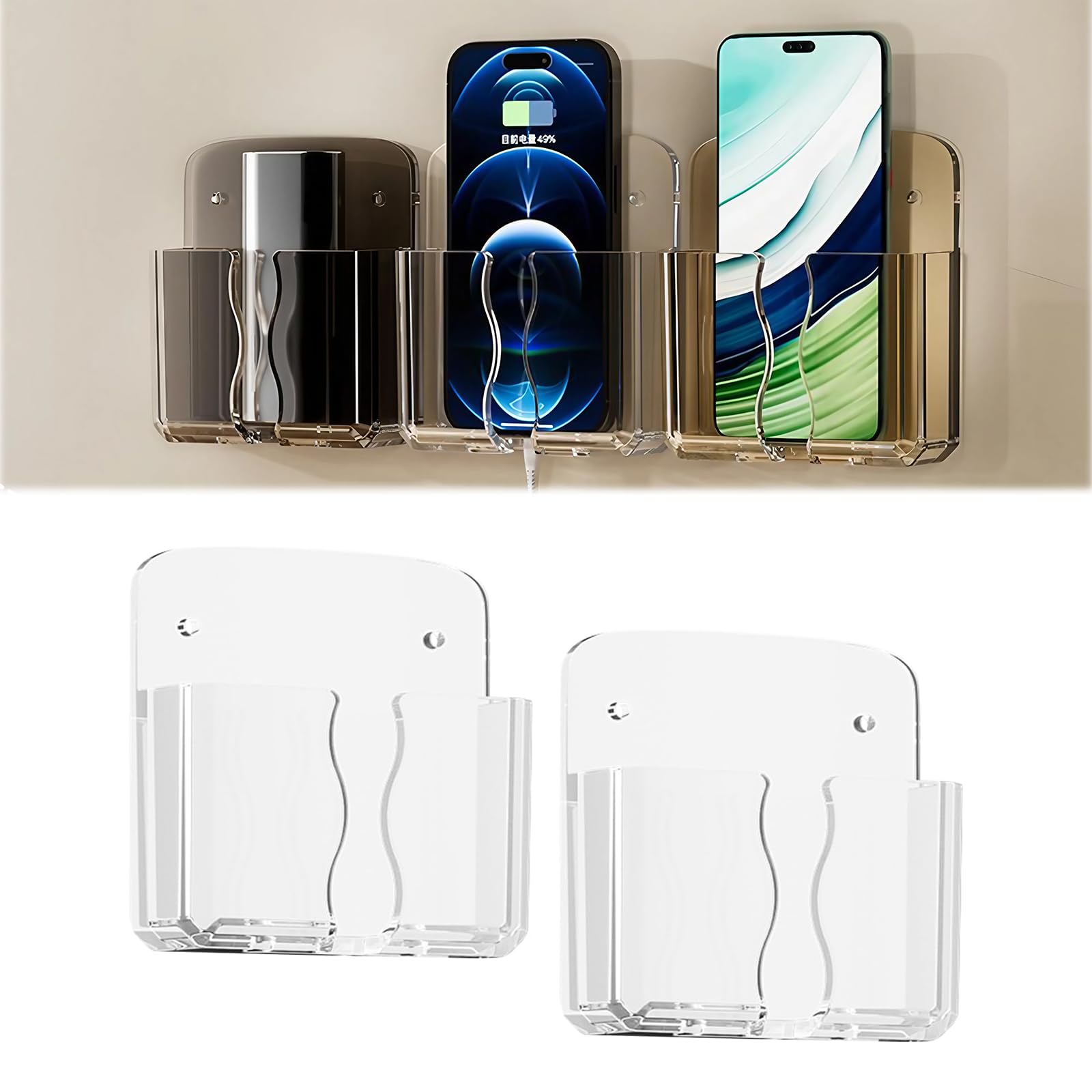YueJieSelected 2 Stück Handy Wandhalterung mit Klebstoff, Wandhalterung für Smartphones, Universal, Wandmontage, Acryl, Hand Free, Ideal für Schlafzimmer, Badezimmer, Küchen, Wohnmobile
