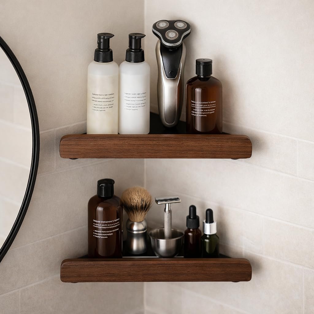 2-Tier Corner Shower Shelf Walnut Wood Shower Caddy for Bathroom Waterproof Wall Mounted Corner Organizer for Shampoo Toiletries