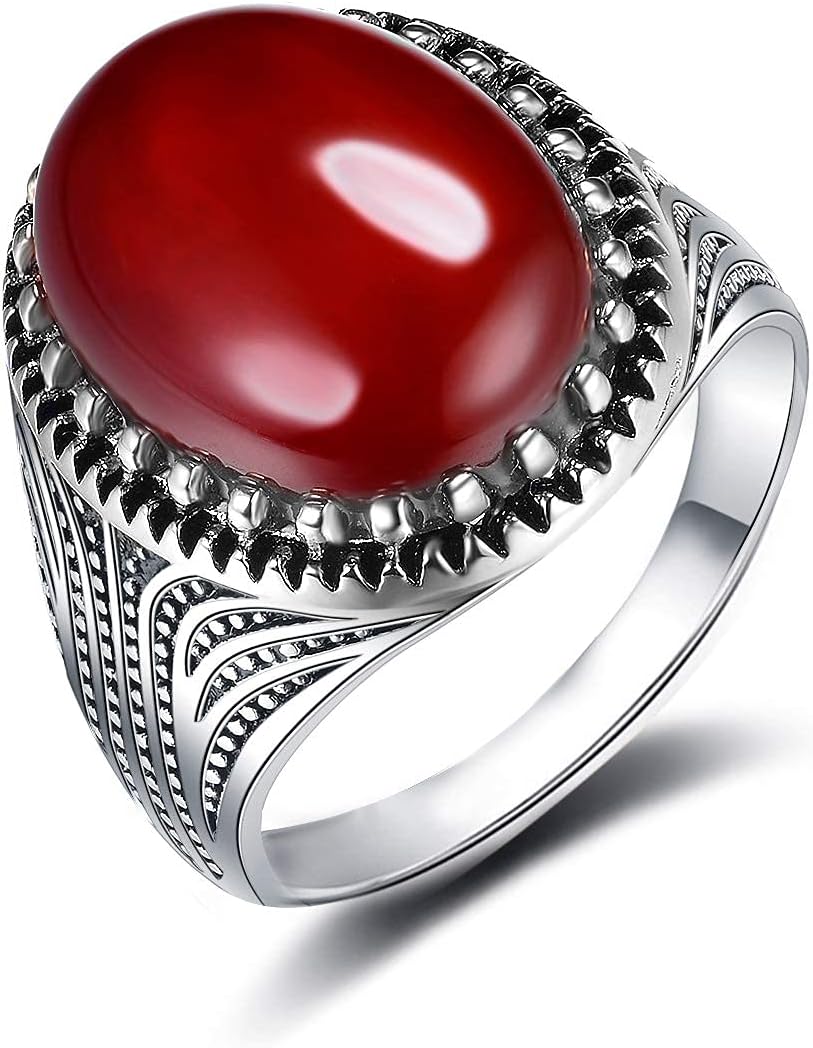 JIANGXIN Handmade Turkish Red Onyx Solitaire Oval cut Agate Unisex Cocktail Ring for Men Women