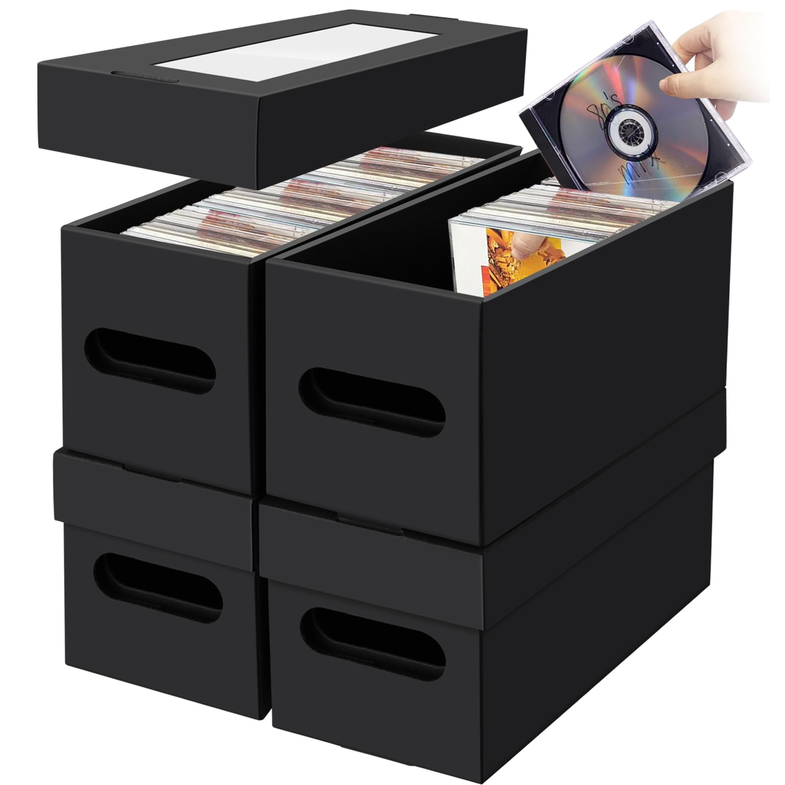 AOBOPLE CD Storage Boxes,4 Pack Cardboard CD Case Storage,CD Case Holder with Lid,One boxe Holds 30 CDs in Full Jewel Cases, 60 CDs in Slim Cases, and 165 Discs in CD Sleeves