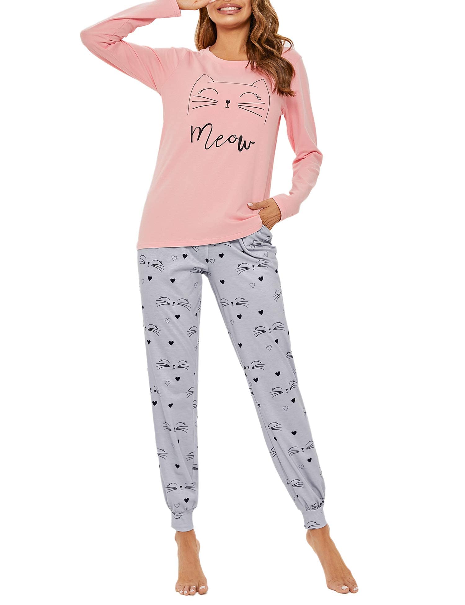 Sykooria Pigiama Donna Invernale Pigiama Donna Cotone Leggero Pigiama Lungo Donna Caldo Pantaloni Lunghi Casual con Tasca e Top con Motivo a Carino Due Pezzi S-XXL