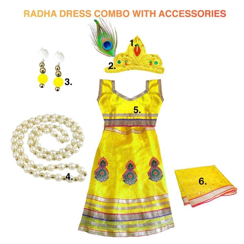 Image of Sarvda Krishna & Radha Dress for Kids - Complete Janmashtami Costume Sets with Dhoti /Lehenga, Mukut, Mor Pankh, Bansuri & Accessories | Fancy Dress for Baby Boys & Girls