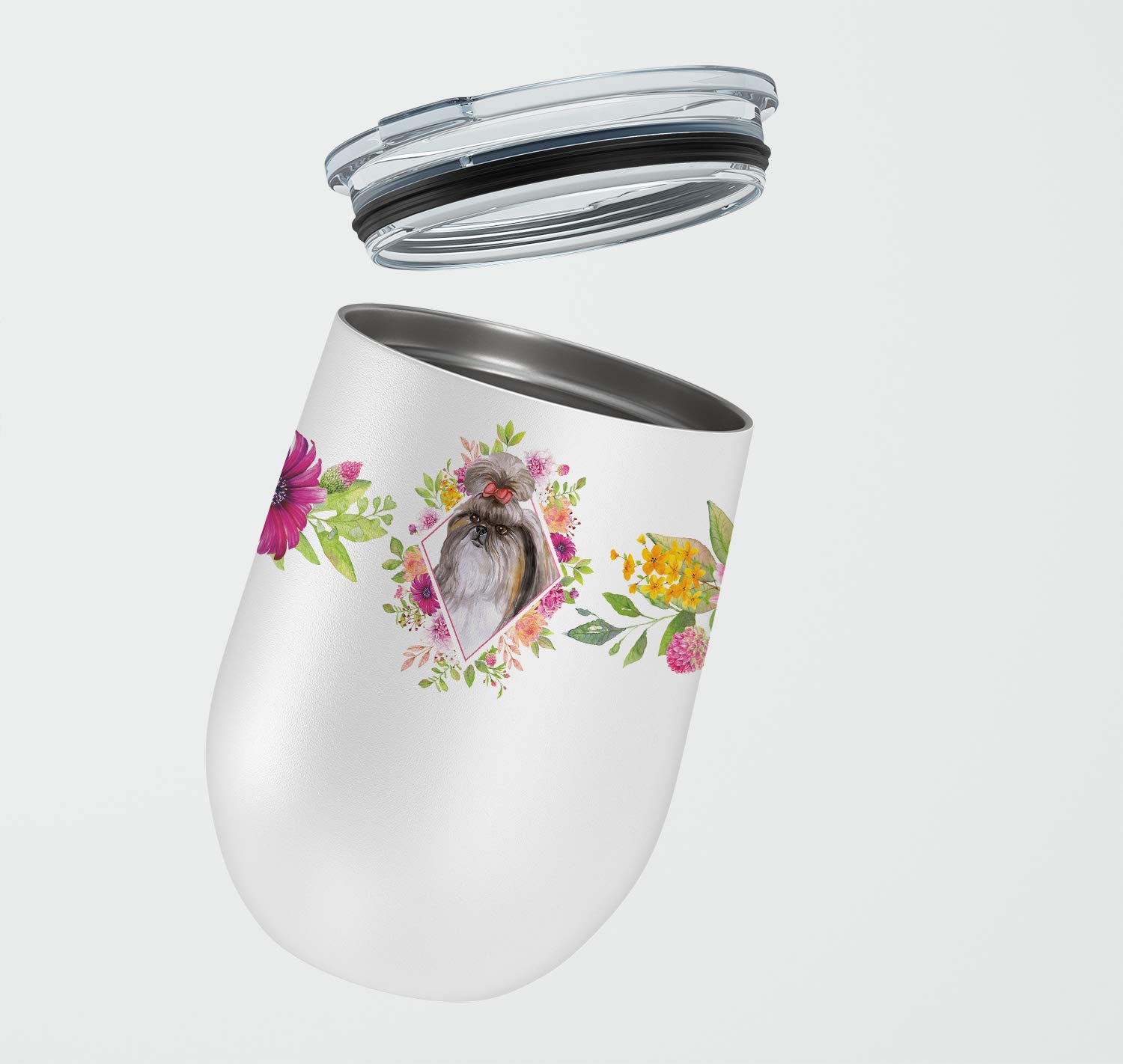 Caroline's Treasures CK4184TBL12 Shih Tzu Pink Flowers Weinglas Stiellos Reise-Isoliertes Trinkglas, 340 ml, mehrfarbig