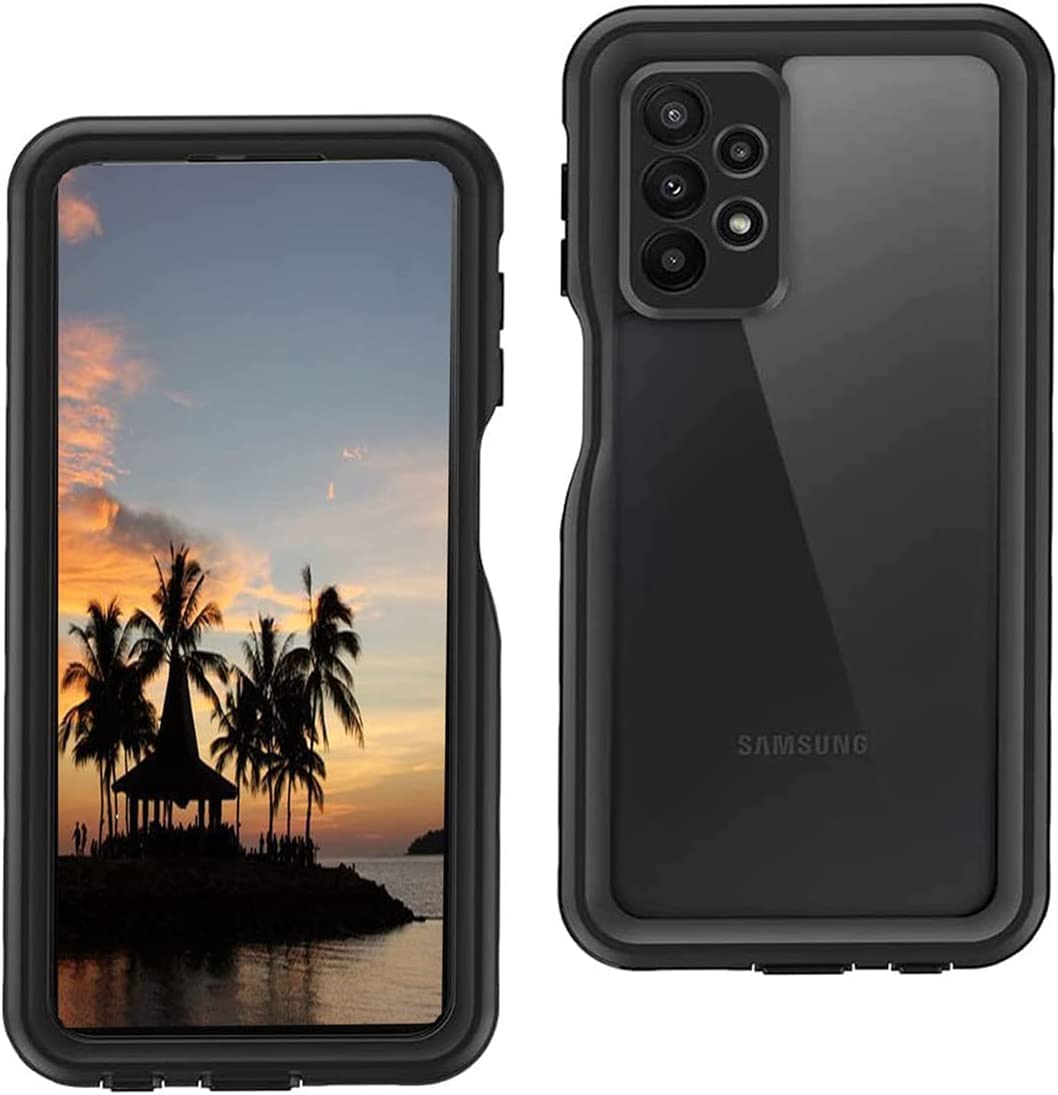 SfulatdcCompatible with Samsung A23 Waterproof Case, Dustproof Shockproof Snowproof with Built in Screen Protector Lanyard Full Body Cover for Galaxy A23 Black/Clear