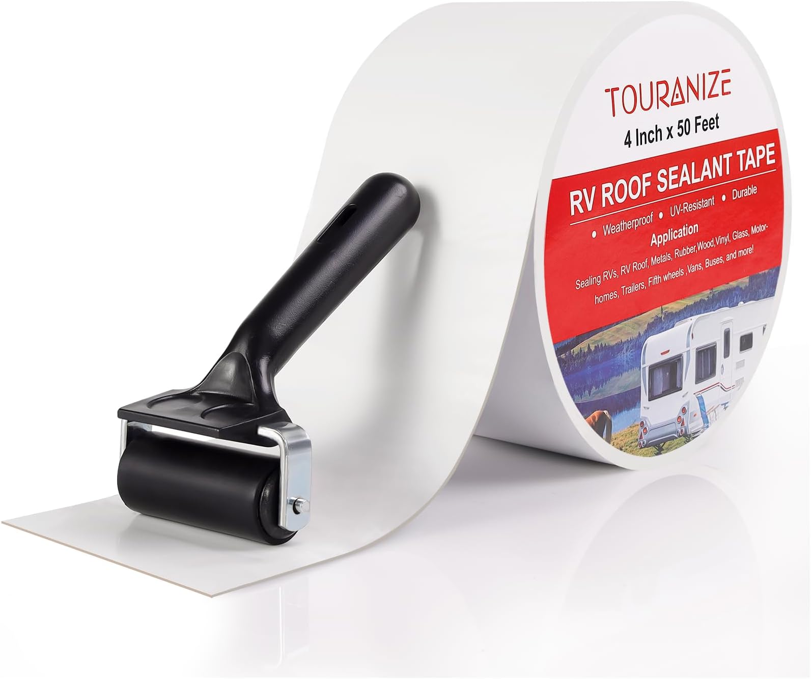 RV Roof Tape with Rubber Roller, 4 Inch x 50 Feet RV Sealant Tape for Camper Roof Repair, Boat Sealing, Trailer Roofing Seam Leaks, UV Resistant, Waterproof, White