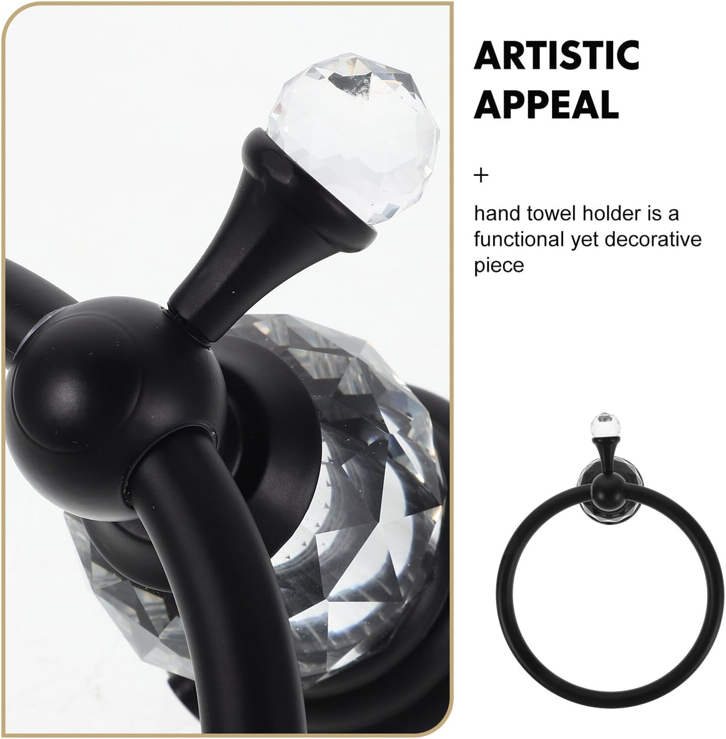 Black Crystal Hand Towel Ring Wall Mounted Bathroom Towel Holder Heavy Duty for Bath and Kitchen Accessories