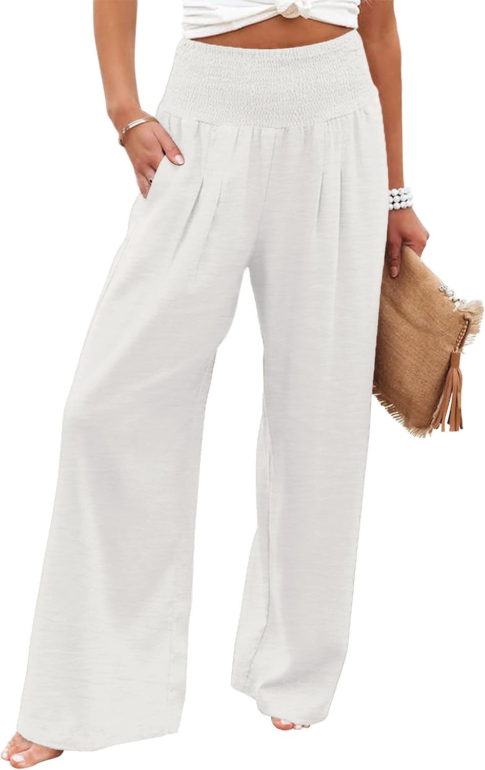 Womens Casual Loose Fit Palazzo Pants Elastic High Waist Lounge Long Pajama Wide Leg Trousers with Pocket