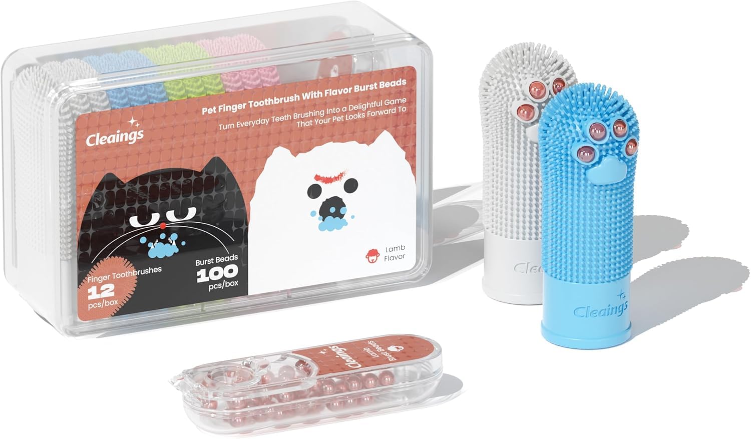 cleaings Dog Toothbrush and Toothpaste Set, 12 Pack Dog Finger Toothbrush with 100 Flavour Burst Beads, 360° Silicone Pet Toothbrush for Dogs & Cats, Teeth Cleaning & Fresh Breath, Lamb Flavour — image 1