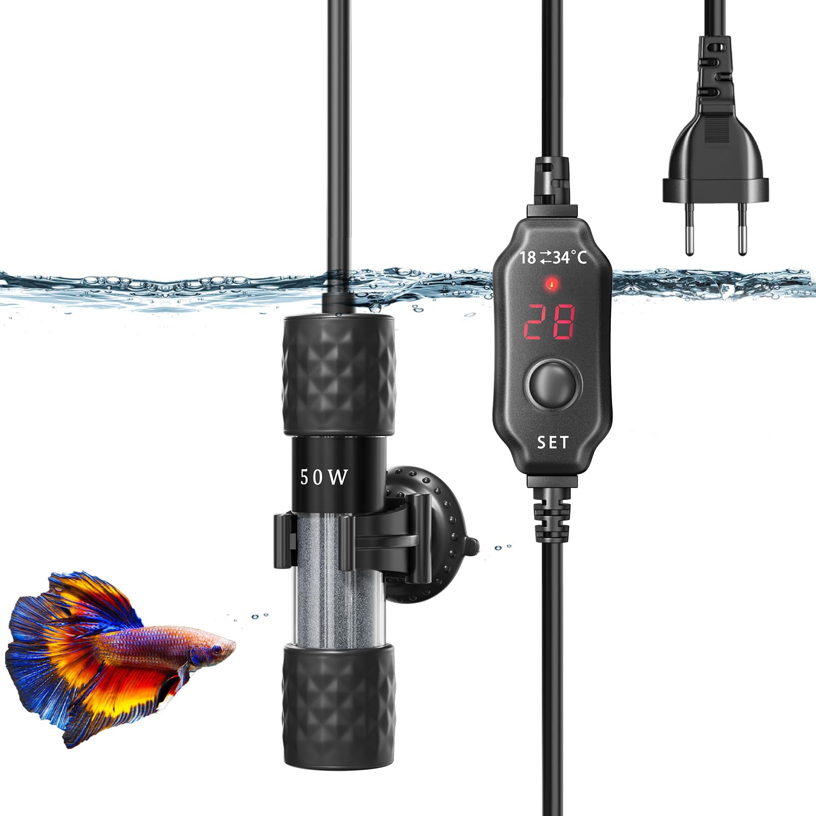 Luxvista 50W mini calefacción de acuarios sumergible AC220-240V con pantalla de temperatura ajustable 18-34℃ rosca de 1,36m para peces, tortugas (20L)