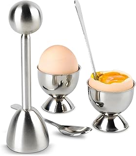 Egg Shell Opener Set – 2 Pcs Egg Cups for Soft Boiled Eggs & 2 Pcs Spoons, Rust-Resistant Stainless Steel, Fits Most Eggs Sizes - Ergonomic Design, Adjustable Effort for Effortless & Precise Cracking