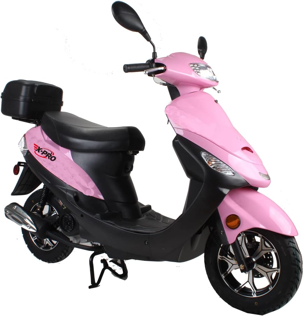 X-PRO 50cc Adult Moped Gas Moped Motorcycle 50cc with 10" Aluminum Wheels, Electric/Kick Start! (Pink, Factory Package) product image