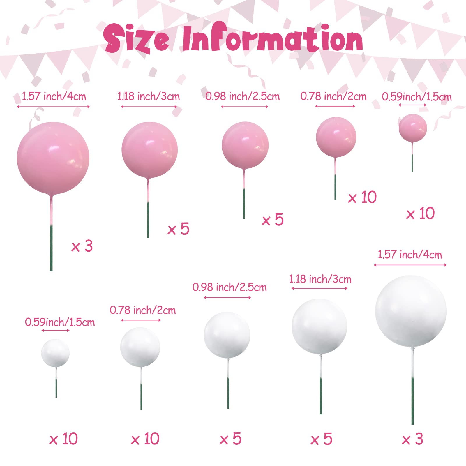 66 Pcs Ball Cake Topper Decorations Mini Balloon Sticks DIY Cake Picks Insert Foam Balls for Graduation Wedding Party Birthday Decorating Supplies(Pink, White)