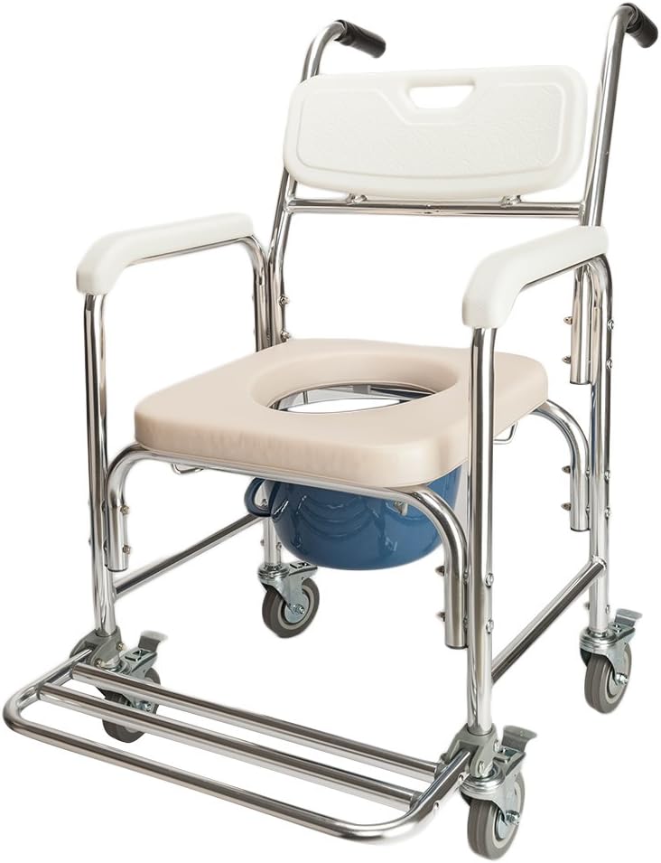 SSLine Aluminum Shower Chair Bedside Commode with Casters & Padded Seat Rolling Transport Chair Lockable Wheelchair Bedside Toilet Seat for Handicap Patient and Seniors : Health & Household