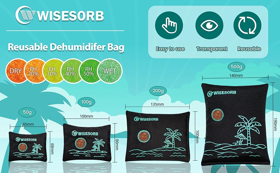 Image of Wisesorb 100g x 5pcs Rechargeable Desiccant Packs, Reusable Car Dehumidifier Bags Color Indicating Silica Gel Packets Moisture Absorbers for Storage Bins, Suitcase, Safe, 3D Filaments, Electronics