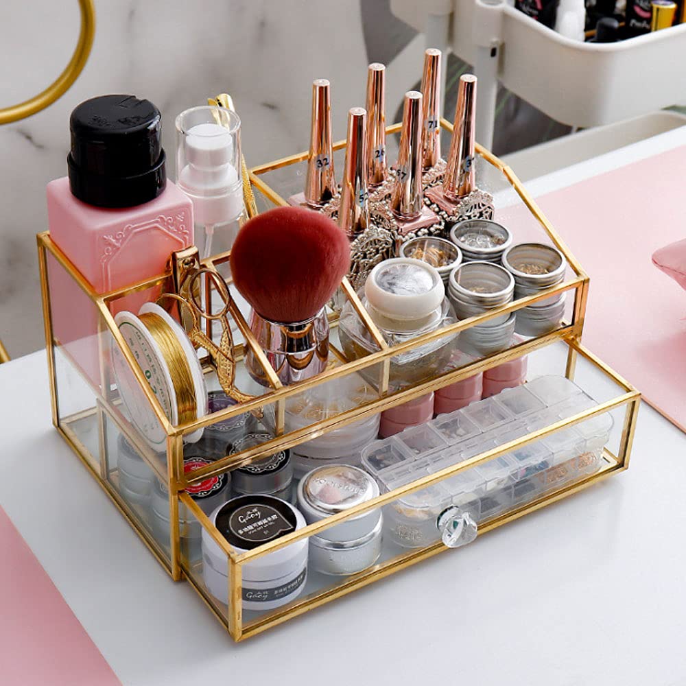 YUEHUA Organizador de cosméticos de vidrio transparente de latón y metal, organizador de maquillaje de vidrio para encimera de baño y tocador