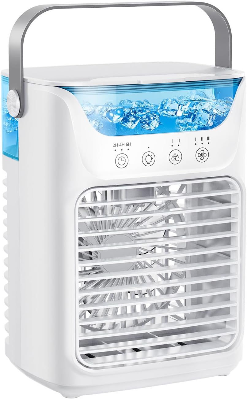 Portable Air Conditioners, 3 Wind Speeds & 7 LED Lights Evaporative Personal Air Cooler, 4 in 1 Portable AC with 650 mL Large Water Tank, Mini Air Conditioner for Bedroom/Car/Home/Camping/Room