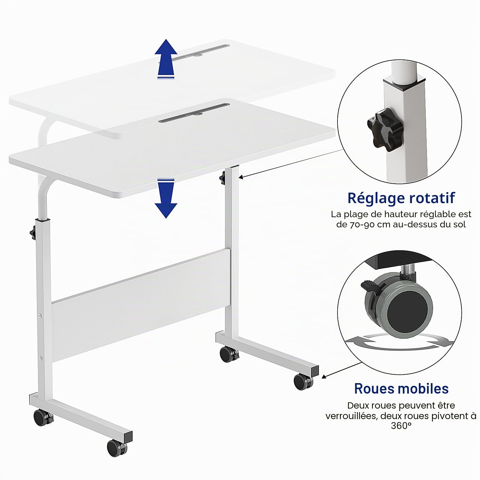 SogesHome Table d'appoint à roulettes Table d'ordinateur Mobile Petit Bureau avec Fente pour Tablette ou Téléphone pour Canapé-Lit Hôpital, 80 × 40 cm