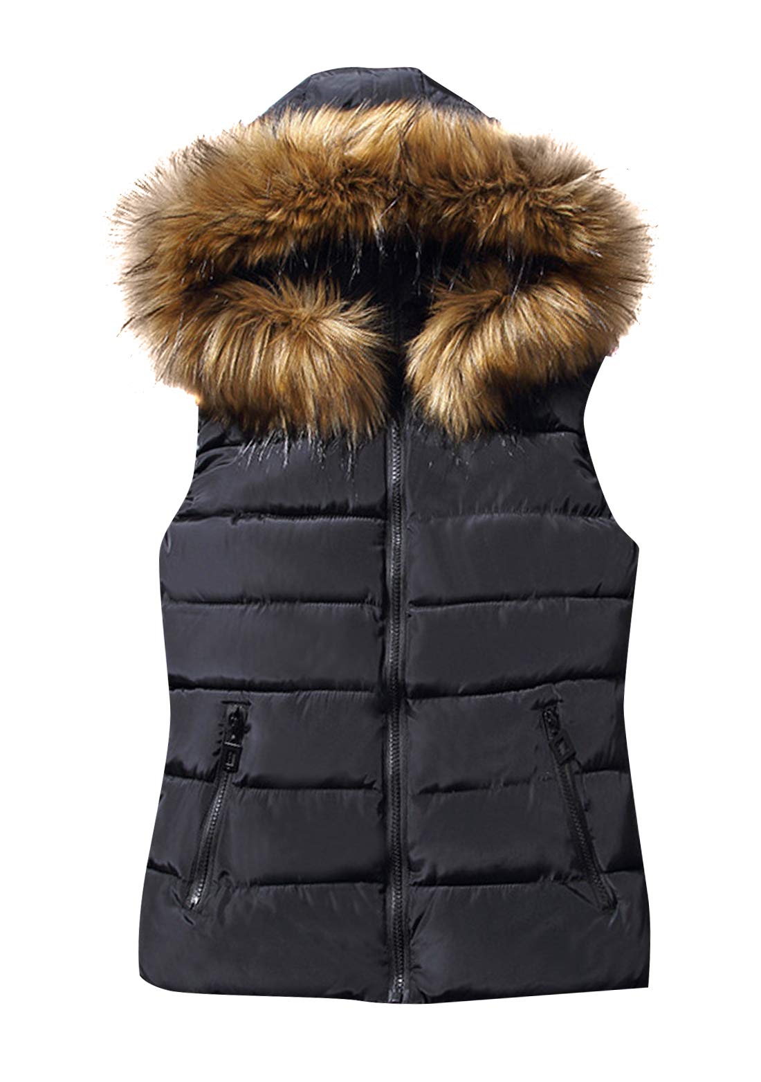 GORIFE Womens Thickened Hooded Warm Stylish Vest Light Weight Fur Hood Trim Winter Down Vest
