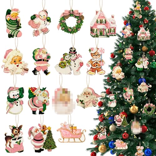 BkeeCten Adorno colgante de Navidad vintage – 45 piezas de adorno colgante de madera rosa vintage de Navidad victoriano Papá Noel muñeco de nieve alce pan de jengibre adorno de madera de invierno