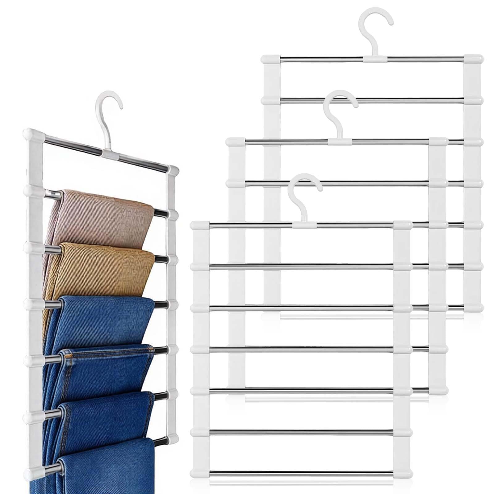 3 Pack Space Saving Trouser Hangers, Multifunctional 6 Tier Coat Pants Hangers Non-Slip Closet Organizer with 360° Rotatable Hook for Skirt Jeans Clothes Tie Scarf Towel