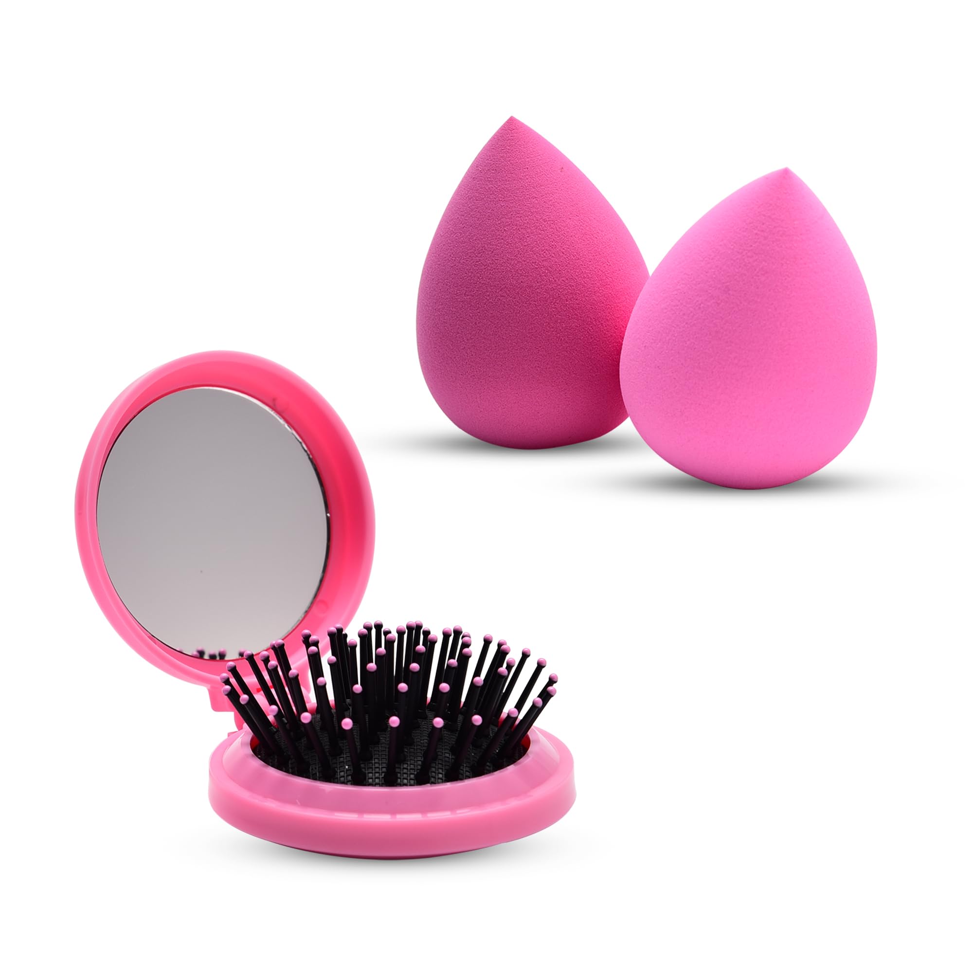 RarePicks Beauty Blender Set & Folding Hair Brush with Mirror | Mini Compact Round Massage Comb for Women & Girls Travel-Friendly Makeup Sponge & Pocket Hair Brush Combo Pink (Set Of 3)