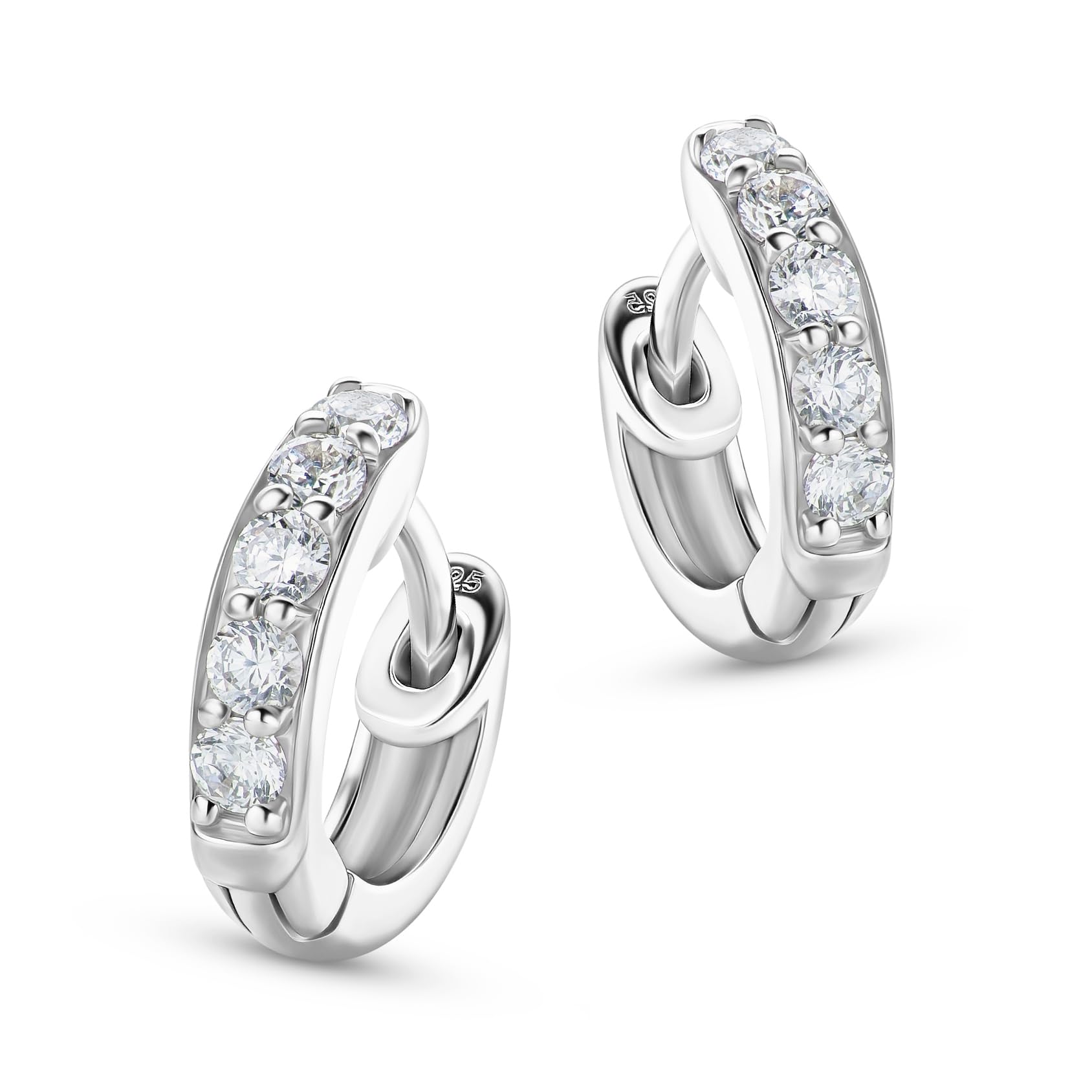 Miore Orecchini Cerchio Donna Piccoli con Zirconi Brillanti in Argento Sterling 925, Orecchini a lobo anallergici con Zirconi. Chiusura con perno passante e scatto.
