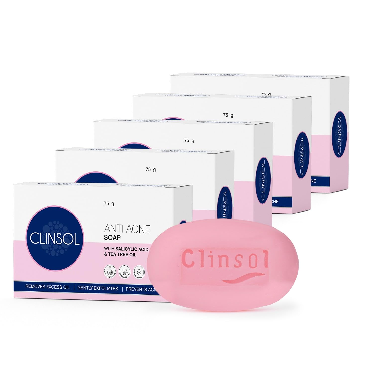 Clinsol Anti-Acne Soap 75g with Tea Tree Oil & Vitamin E | Acne Fighting Soap for Men & Women | Treats & Prevents Acne, Controls Oil & Sooths Skin β Pack of 5