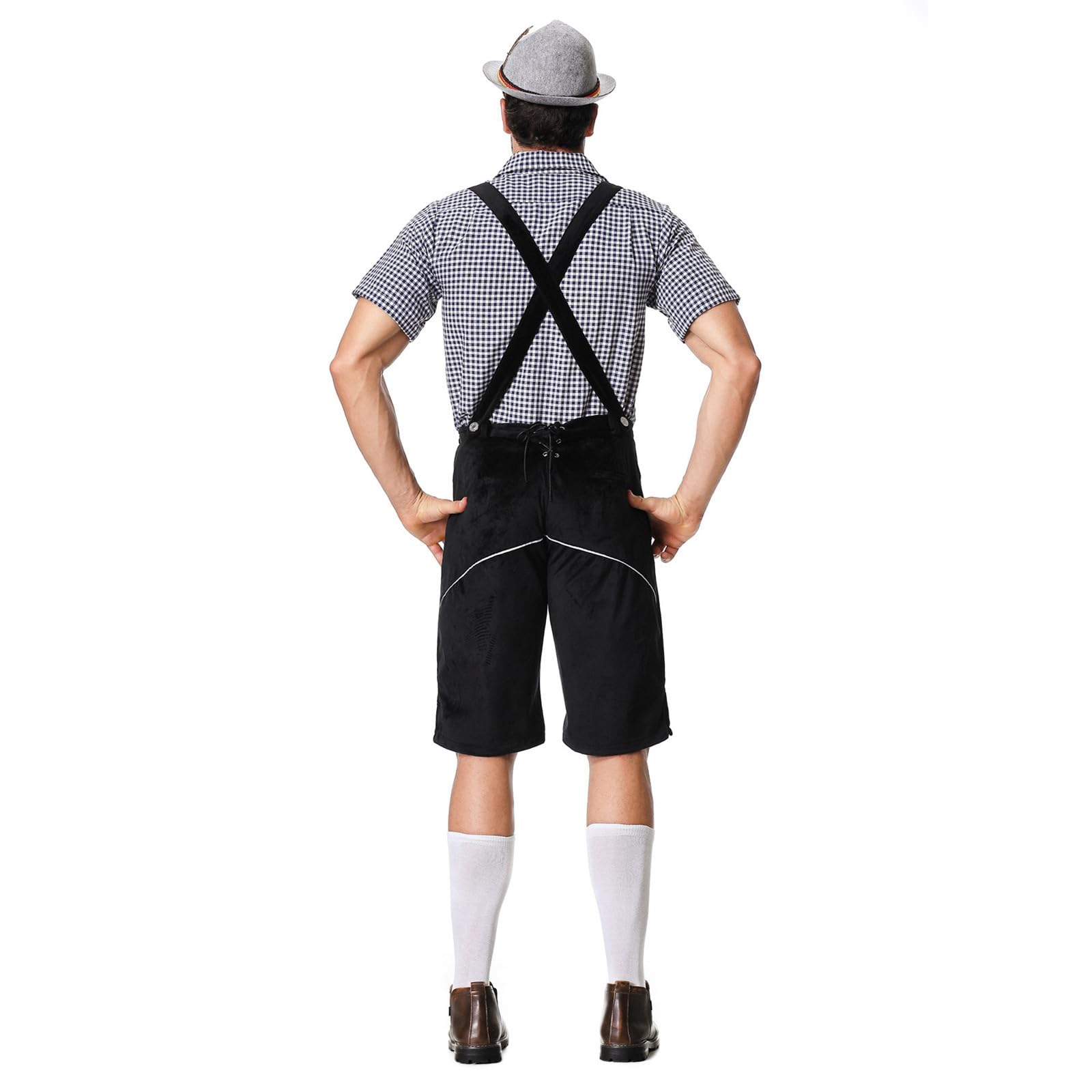 Oktoberfest Herren Trachten Set Lederhose mit Trägern Kariertes Hemd Herren Kostüm BayernOutfit für Karneval Volksfest Bierfest Wiesn Party Mittelalter Kleidung