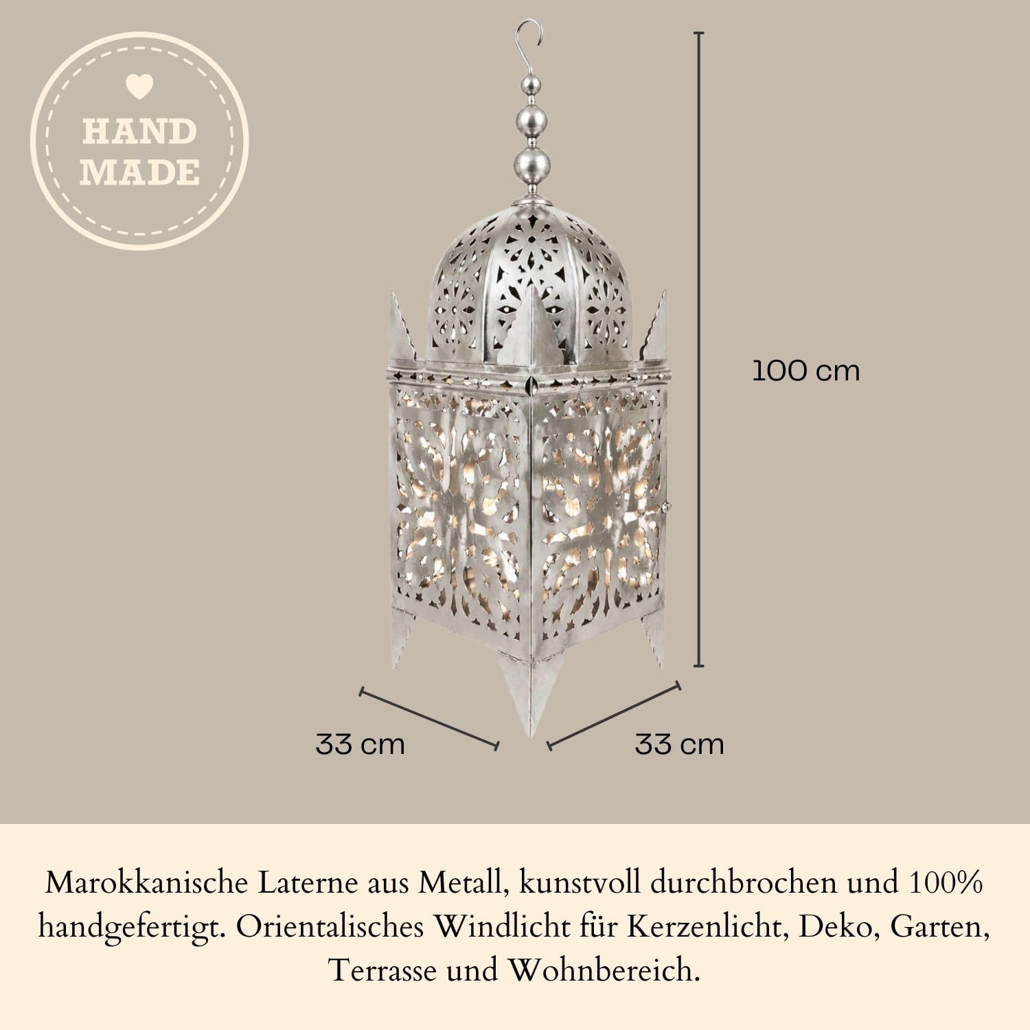 Marokańska latarnia Frane, srebrna, 100 cm, ręcznie wykonana latarnia orientalna z metalu, latarnia ogrodowa i lampion do świec, dekoracja do salonu, na taras, balkon i wejście